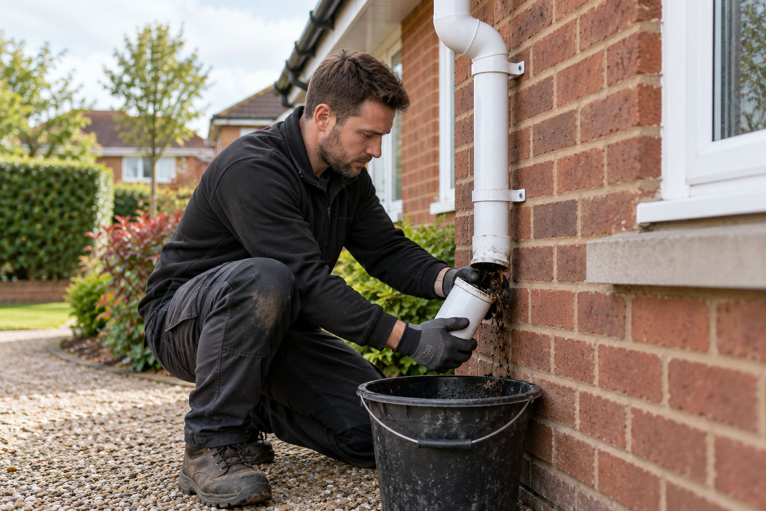 Specialist clearing debris from a disconnected lower downpipe section