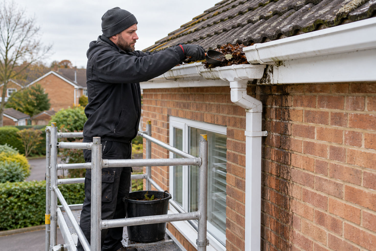 Specialist clearing a leaf blockage from a gutter outlet on an access tower