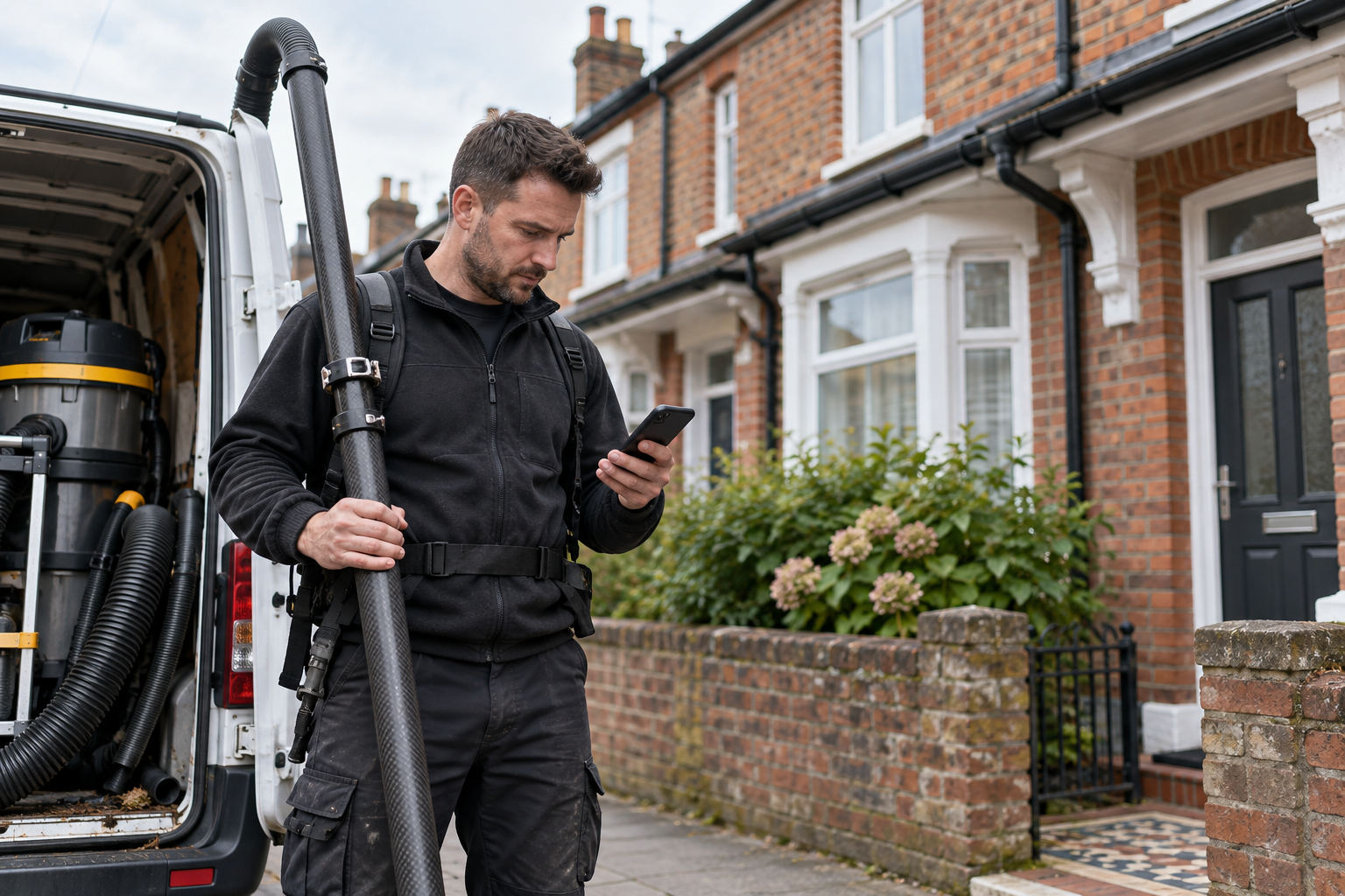 Gutter cleaner checking a new enquiry on a phone beside a work van