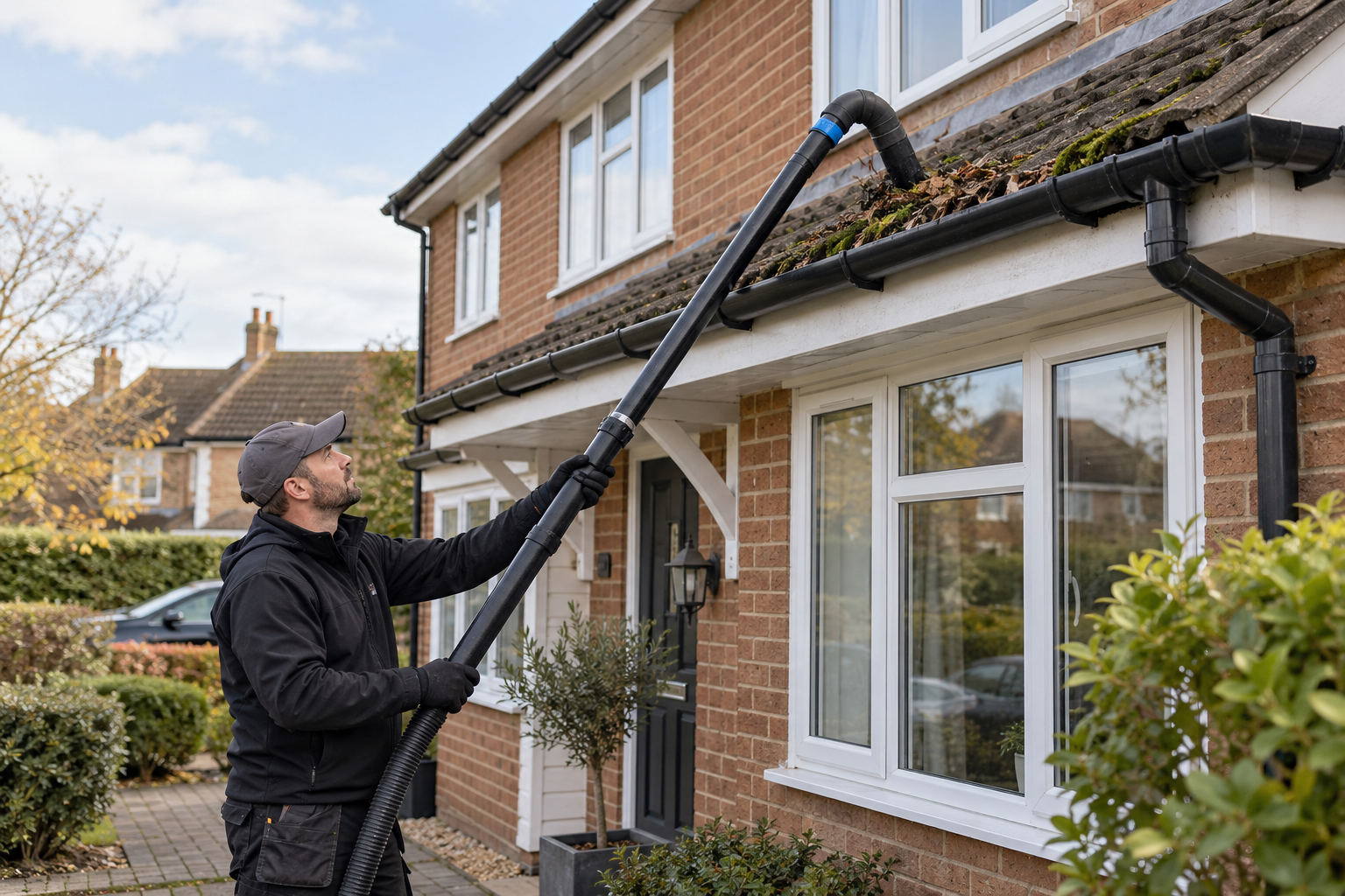 Specialist vacuuming leaves from the gutter of a brick house