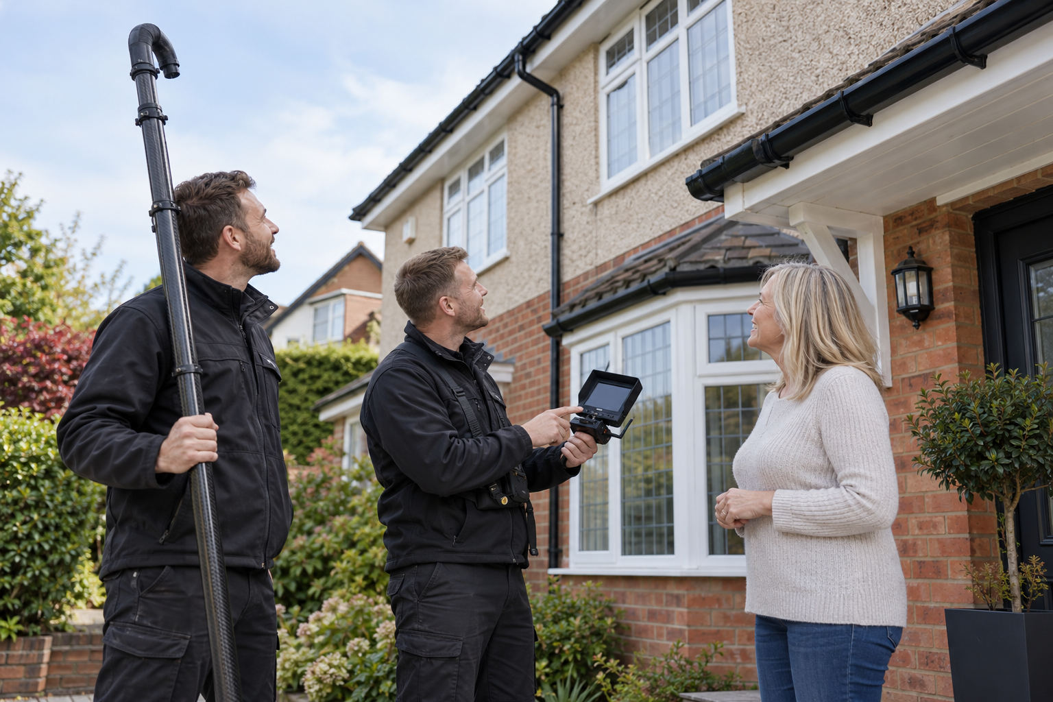 Gutter specialists discussing a house roofline with a homeowner