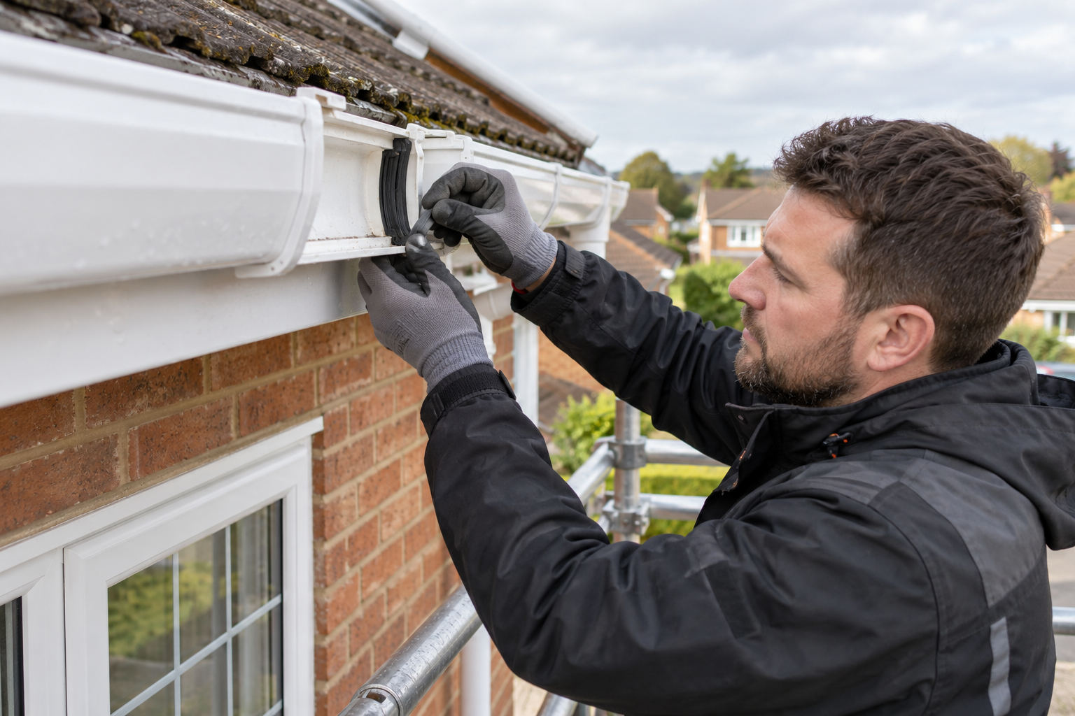 Specialist replacing a rubber seal in a gutter union