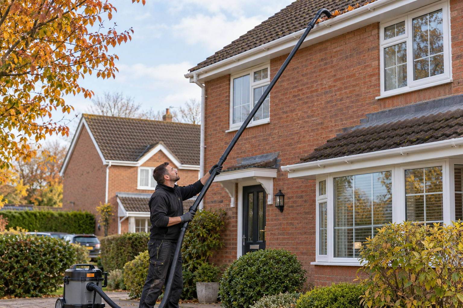 Specialist using a gutter vacuum at a British house
