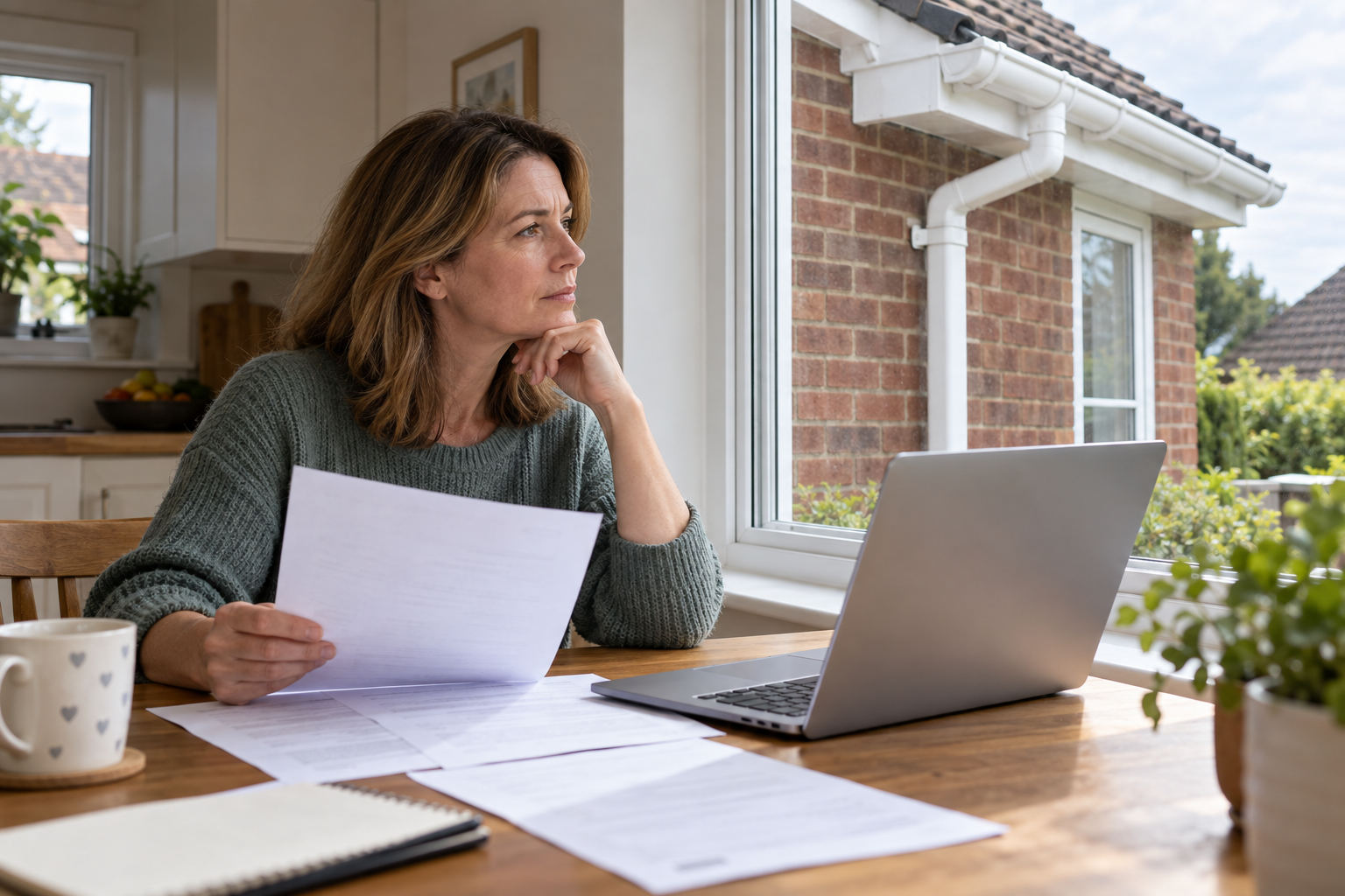 Homeowner comparing gutter work quotes at a kitchen table
