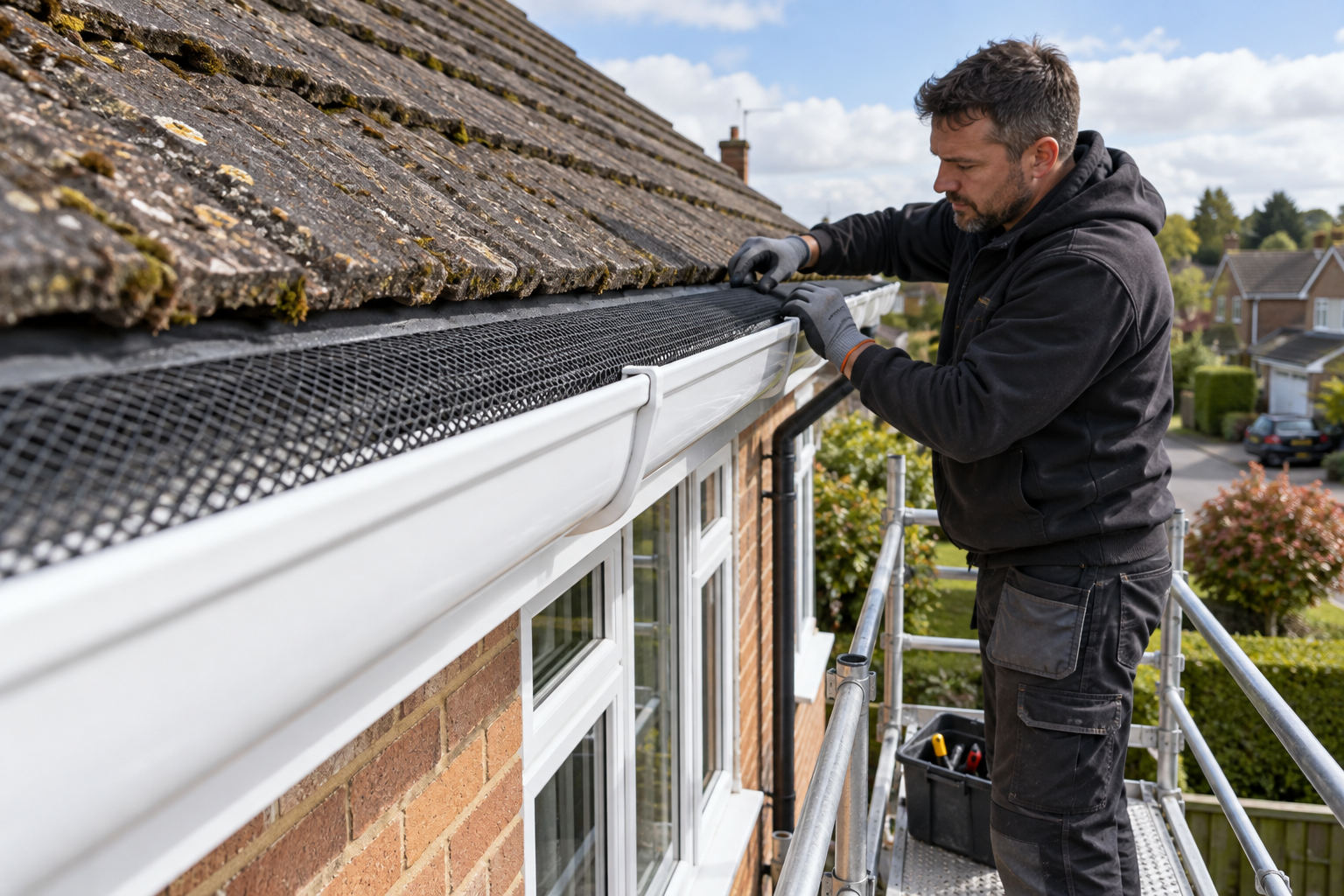Installer fitting mesh leaf guard to a clean gutter