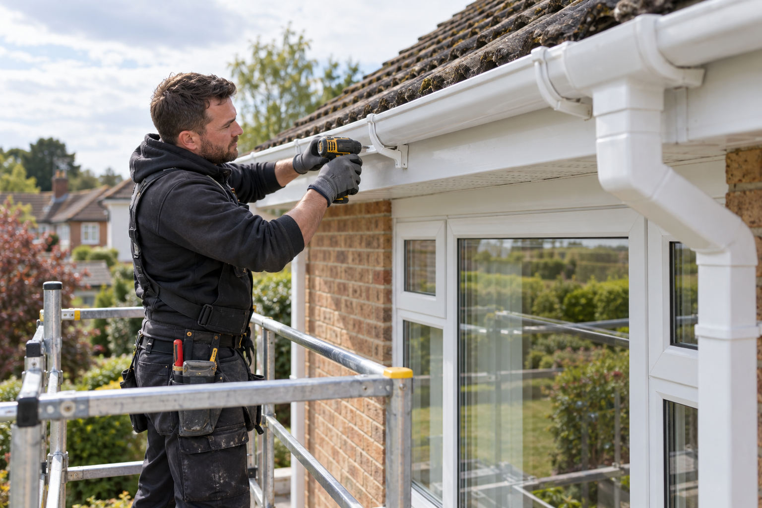 Fitter securing a gutter bracket from a stable access tower